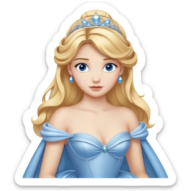 Cinematic Realistic Cute Cinderella Portrait, featuring fair, luminous skin with finely detailed texture and softly lit golden-blonde hair cascading in gentle waves. Her warm, inviting blue eyes sparkle with youthful charm and curiosity, while her classic, elegantly draped ball gown reveals meticulously rendered fabric details and natural folds. The overall composition is bathed in a gentle, realistic radiance that exudes both playfulness and heartfelt beauty. sticker