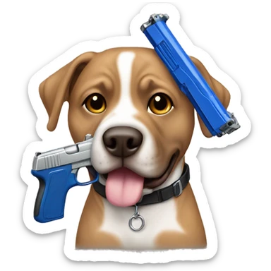 light brown staffordshire holding blue gun sticker