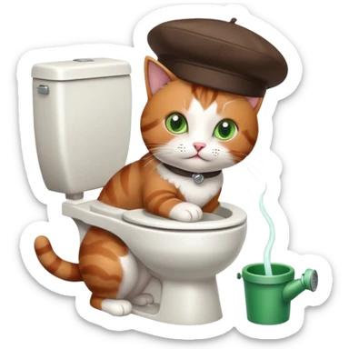 Cat flushing a toilet wearing a beret sticker
