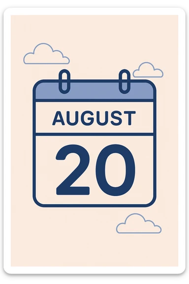 minimalist calendar block, date August 20, clean design sticker