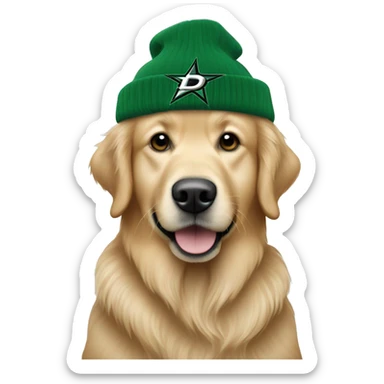 Golden retriever wearing dallas stars winter hat sticker