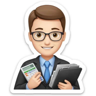 emoji, of a male AUDITOR smiling with Finance spreadsheet , a calculator,plus ADD A puzzle and a Balance for accounting. sticker