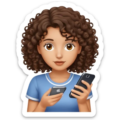 brunette girl with curly medium length hair, brown eyes, slightly tan skin, holding a phone sticker