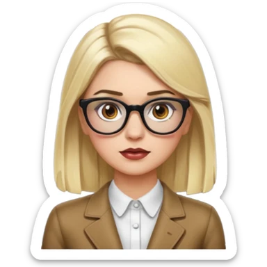 Chanel Oberlin, blonde hair, brown eyes, glasses, acne, dark eyebrows, sassy pose, apple emoji style sticker