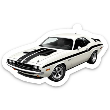 White 1971 Dodge Challenger muscle car with black racing stripes, minimalist style, vintage American muscle car, similar to the one from Death Proof movie sticker