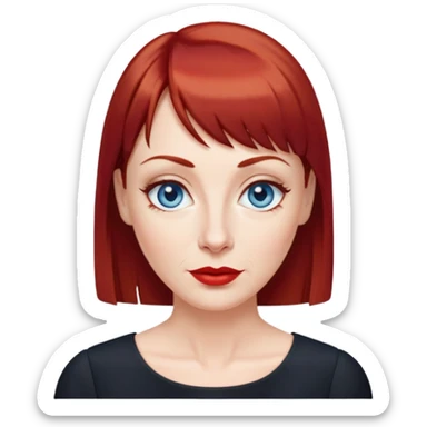 Middle-aged woman with fair skin, wider oval face, blue eyes, thin eyebrows, small nose, red lips, dark red hair with straight bangs, age-appropriate features, wearing a black blouse sticker