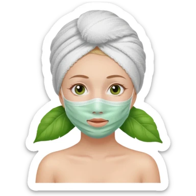 Una chica con una toalla en la cabeza y en el cuerpo y con una mascarilla facial  sticker