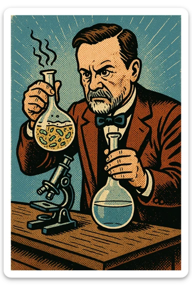 A victorian scientist like Louis Pasteur experimenting with two glass flasks.  One of the flasks has an open top and contains lot of bacteria in the water.  The other flask is sealed and contained clear water.  There is also a microscope on Pasteur's desk sticker
