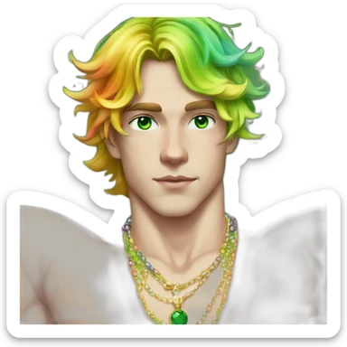 Posh-muscle-boy-green-eyes-rainbow-hair-pearl-necklace-in-golden-bathtub sticker