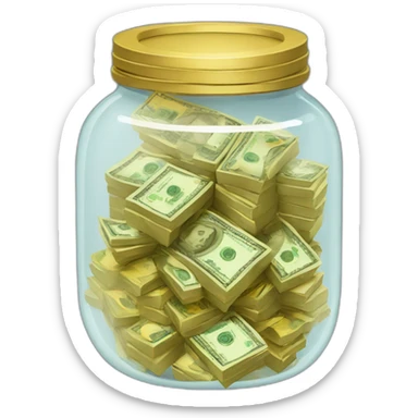 A clear jar with no lid overflowing with stacks of cash and gold  sticker