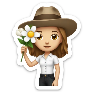 white girl with a flower in her hand, with a hat, shoulder-length brown straight hair, wearing jumpsuit with white shirt in it sticker