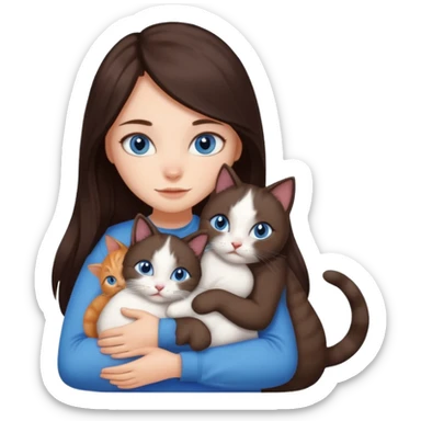 a girl with long dark 
brown hair, with blue eyes, hugs 3 different natural coloured cats sticker