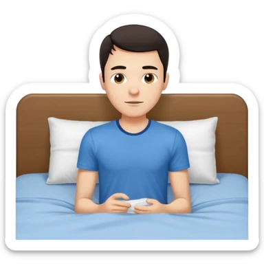 rapaz jovem magro de cabelo escuro, com camiseta azul e cueca branca ao lado de uma cama sticker