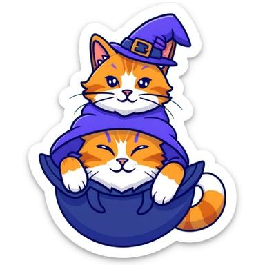 full body Maine coon ginger tabby cat flopped over on her back wearing an indigo witch hat sticker