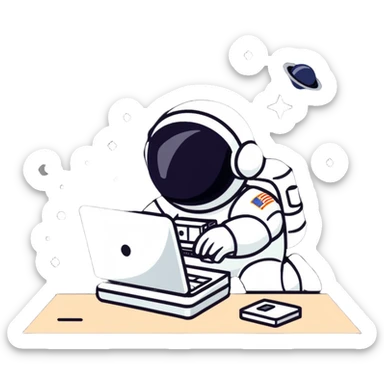astronaut with a computer, floating among stars sticker