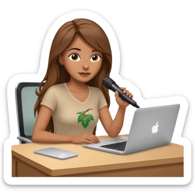 tanned brown long hair woman, sat at desk with MacBook, podcast microphone bleige top and vine color, sexy, glass table sticker