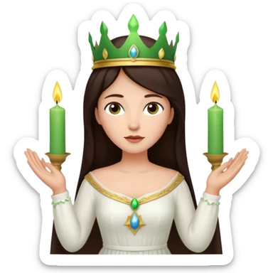  saint lucia with dark brown hair with a white gown and a green crown with candles on the crown sticker