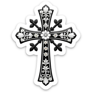 a black and white detailed cross with black and white flower sticker