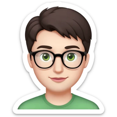 Young man with short but voluminous poofy dark brown hair, green eyes wearing glasses, wide face with eyes set apart, bigger ears, very pale skin, slightly bigger nose, fuller darker pink lips with a smile, and very light stubble sticker