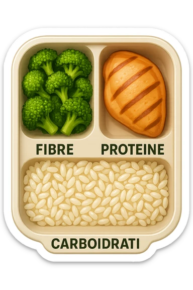 EMOJI STILE IPHONE DI una schiscetta vista dall'alto con 3 porzioni ben distinte: nelle porzioni scrivi le parole FIBRE, PROTEINE, CARBOIDRATI, iperrealistica 4k sticker