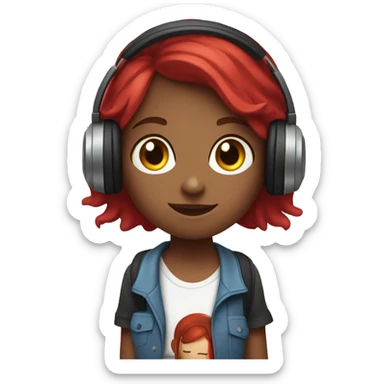 red and wavy hair girl listening music with headphones, and a red t-shirt, and a couple of books at her left  sticker