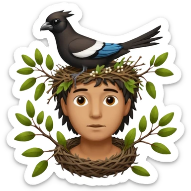 A man who has a magpie birds nest on top of his head for hair sticker