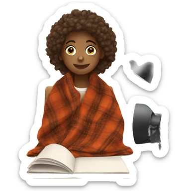 Teen wearing fall blanket sitting at a desk sticker