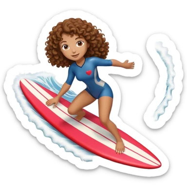 Woman with brown curly hair surfing wave in 3d heart sticker