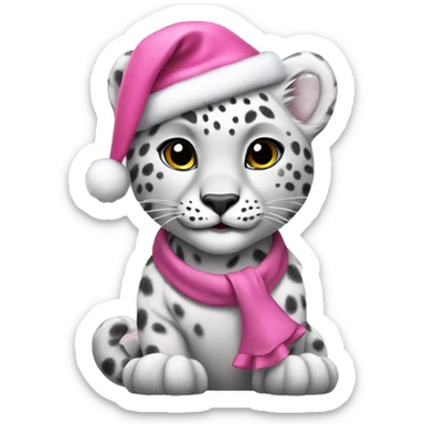 a white snow leopard wearing a pink christmas hat and dress sticker