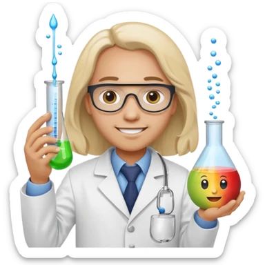 Mendeleev in a laboratory coat holding test tubes doing a chemical reaction, apple emoji style sticker