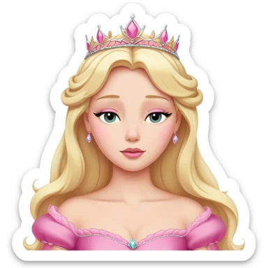 Aurora Sleeping Beauty from hips up, iconic pink gown, blonde hair with tiara, minimal style but very recognizable sticker