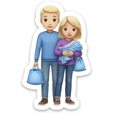 child carrying laundry with a parent, happy and responsible sticker