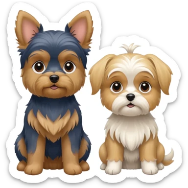 Generate a blue and tan purebred yorkie with a blonde shi tzu yorkie mix with floppy ears sitting next to each kther sticker