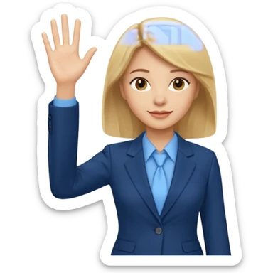 Make emoji of business woman with light skin and medium blonde hair in a dark blue business suit and light blue shirt waiving to new clients sticker