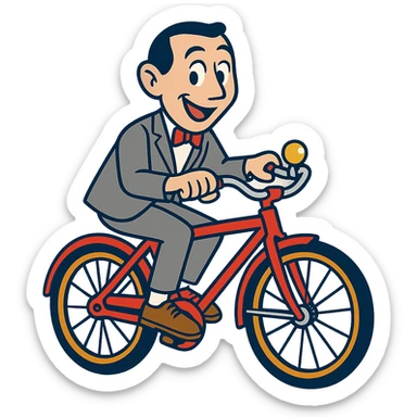 vibrant toon style Pee-wee Herman on a red bicycle sticker