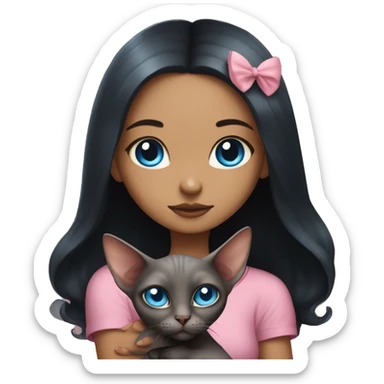 A girl with long black hair holds a pink sphinx cat with blue eyes in her arms sticker