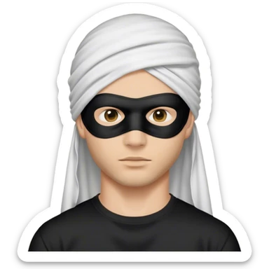 a man in a black cloth mask that completely covers his face and entire head, wearing a white T-shirt sticker