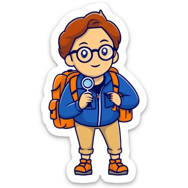 Colorful woman explorer in her 40s with glasses, dark blue and white hiking clothes, backpack, holding magnifying glass sticker