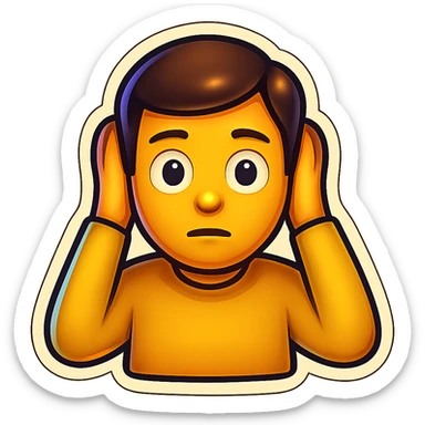 Create an emoji of a man covering his ears, in the same pose and style as the monkey in the reference image, with a transparent background. sticker