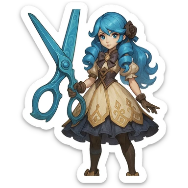 full body Gwen from League of Legends holding her giant scissors, vibrant blue hair, doll-like features, detailed fantasy costume, fantasy style sticker