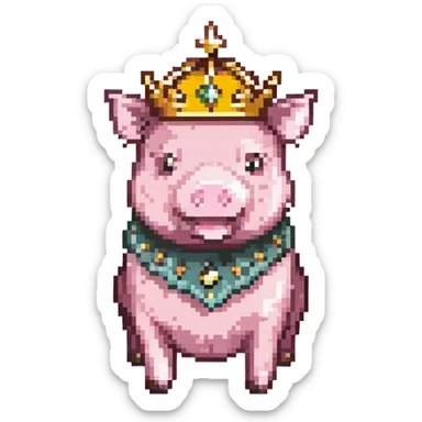 a pig wearing a golden crown, pixel art style sticker