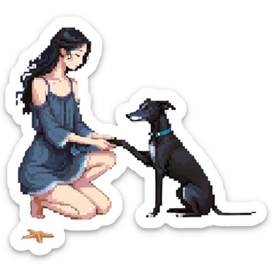 A very beautiful and attractive 25-year-old Japanese woman with long flowing black hair gently petting a SOLID DARK GREY whippet on a beach at night under a starry sky. The woman's hand is lovingly stroking the whippet. The whippet MUST be COMPLETELY SOLID DARK GREY with ABSOLUTELY NO WHITE MARKINGS ANYWHERE - no white chest, no white face, no white paws, no white tip on tail - ENTIRELY ONE SOLID DARK GREY COLOR throughout the entire dog. Deep blue night sky filled with bright stars, moonlight reflecting on the ocean, sandy beach in the foreground. sticker