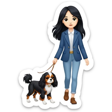 A girl with long black hair walking a Cavalier King Charles Spaniel sticker