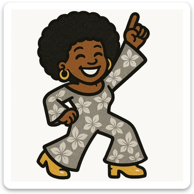 Create a 1970s disco emoji of a female African American in a dance pose with one arm raised, afro hairstyle, joyful expression, and a 70s jumpsuit using only gold, silver, black, and white colors. The style is vibrant and pop colors icon style. sticker