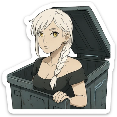 she is poking out from a garbage dumpster, a closeup portrait of young woman with gold yellow eyes, white hair, long braid, black off-shoulder top d-cup, punk gothic style, futuristic cyberwave cyberpunk, sticker