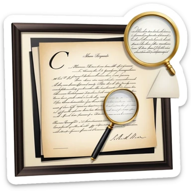 Icon for Autograph Collecting: a signed piece of paper or book page with a famous signature, surrounded by a magnifying glass, and a collection of several framed autographs. Transparent background. sticker