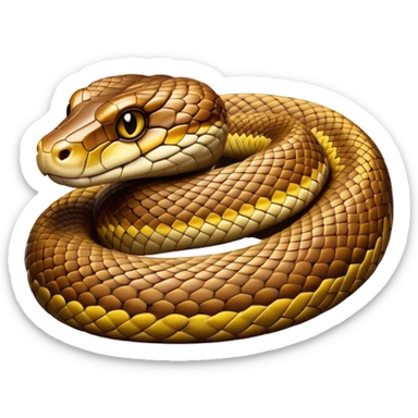 cinematic-python-realistic-full-body-coiled-emoji,-thick-scaled-body-looped-tightly,-intricate-brown-and-gold-patterned-scales-reflecting-light,-head-tilted-dramatically,-slitted-eyes-staring-calmly,-simplified-yet-realistic-focused-features,-highly-detailed,-glowing-with-an-almost-sarcastic-glow sticker
