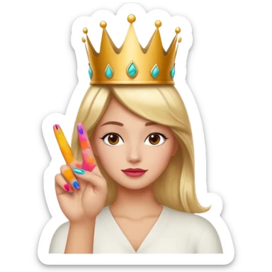 confident hand making a peace sign with painted nails and a crown, radiating girlboss energy, apple emoji style, for a phone case sticker