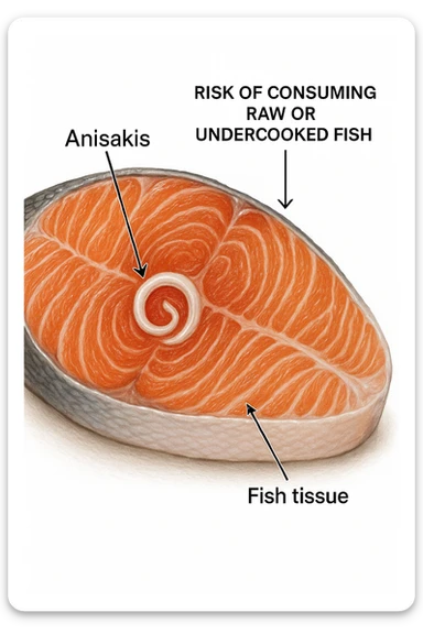 a close-up cross-section of a raw fish fillet, showing a white, coiled Anisakis parasite embedded in the muscle tissue. The parasite is clearly labeled, and the surrounding fish tissue is rendered in detail. The background is clean and white, with educational callouts explaining the risk of consuming raw or undercooked fish. sticker