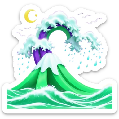 3D render of Tsunami, miniature weather phenomenon, volumetric particle effects, wavy glowing neon green and purple ribbons in the sky, elemental energy, emoji style, isolated on white background --v 6.0. sticker